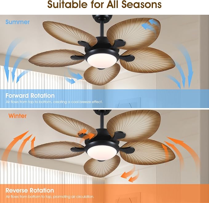 Wiviniya Tropical Ceiling Fans with Lights, 44 Inch Palm Leaf Outdoor Ceiling Fan with Light for Patios Porch Bedroom, Remote/APP Control, Reversible Quiet DC Motor, Dimmable LED, Wood Grain