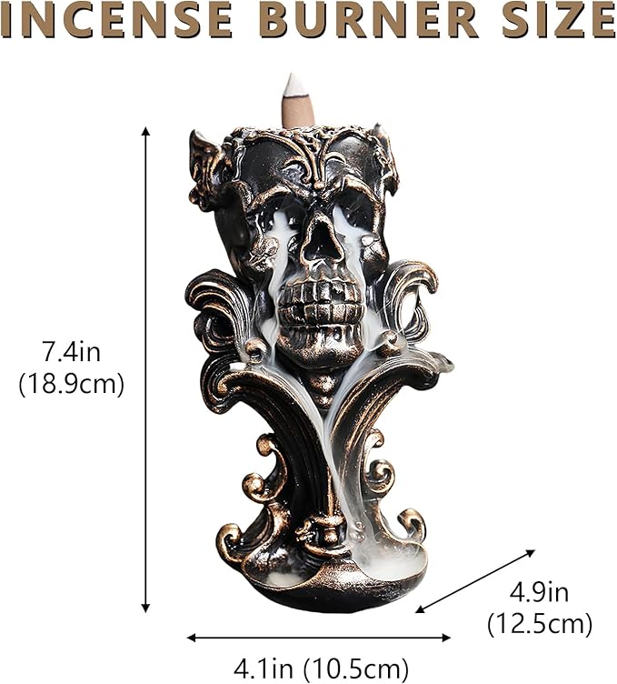 Comeon Backflow Incense Holder Burner Resin Skull Incense Burner Waterfall Incense Burner Home Decor + 20 Backflow Incense Cones + 30 Incense Sticks +1 Tweezer +1 Mat（Metallic Gold）