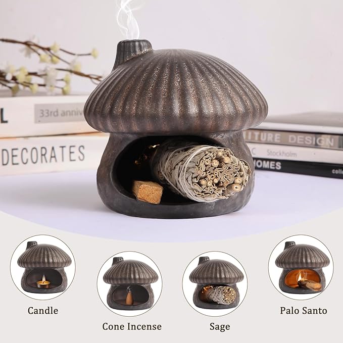 Palo Santo Holder Mushroom Shape, Ceramic Sage Holder for Burning Palo Santo Burner for Meditation, Yoga and Relaxation(Gilt Gold)