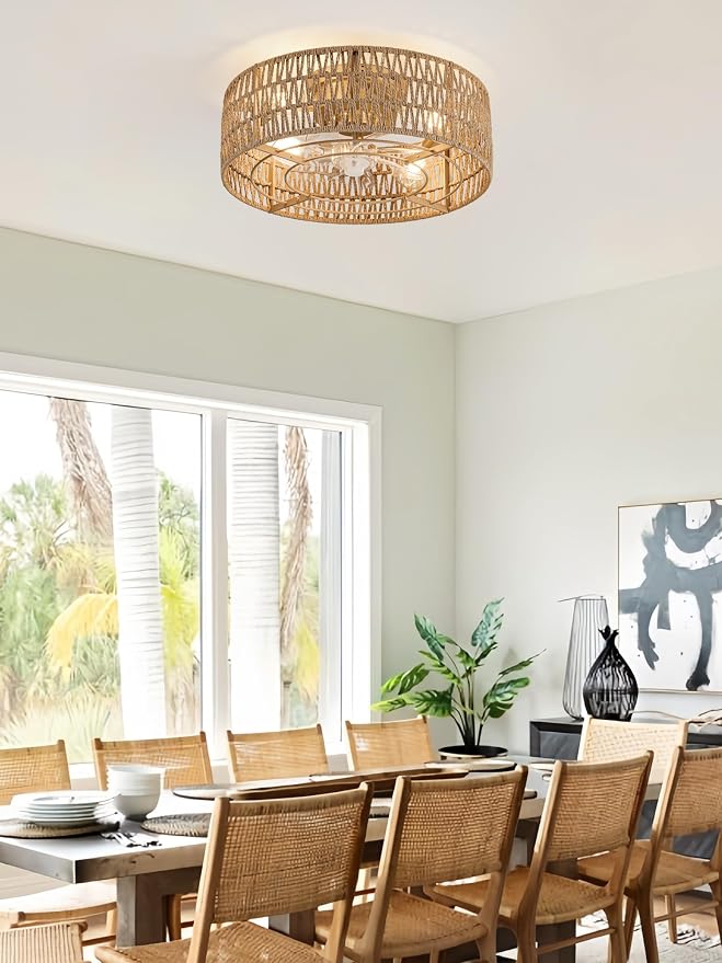 Boho Caged Ceiling Fans with Lights Flush Mount, Hand-Woven Rattan Ceiling Fans with Light and Remote Control, Enclosed Timing 6 Speeds Reversible for Living Room Bedroom Dining Room