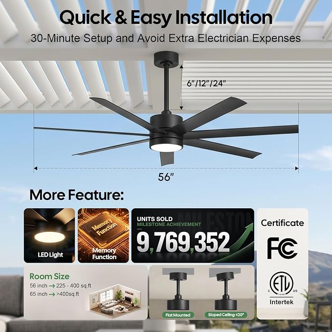 All Weather Wet-Rated Outdoor Ceiling Fan with Lights Waterproof for Patio, 56 Inch High CFM Black Outdoor Fan with UV Coating 7 Blades for Large Exterior indoor Gazebo Terraces, Porch, Commercial