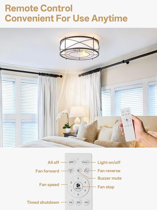 Black Flush Mount Farmhouse Ceiling Fan with Lights, 20" Caged Rustic Ceiling Fans with Light and Remote, Enclosed with 6 Speeds for Living Room, Bedroom, Nursery