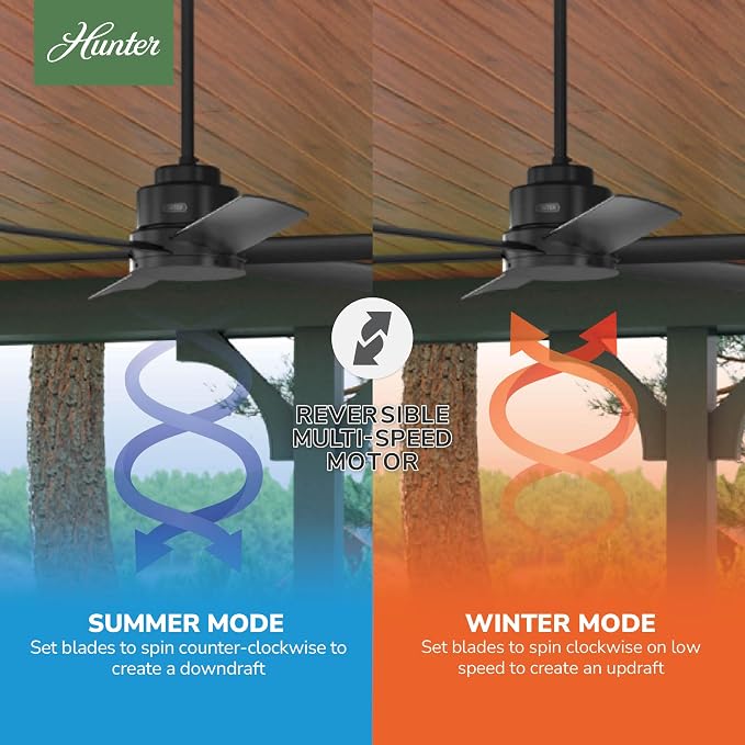 Hunter Kennicott, Outdoor or Indoor, Ceiling Fan, 52 inch, Matte Black | No Light, Standard Mount, Wall Control, 6 Blades, For Living Room, Patio, Porch, Garage, 51180