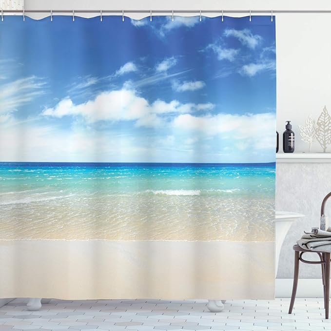 Ambesonne Ocean Shower Curtain, Tropical Sandy Beach at Summer Sunny Day Holiday Vacation Theme Image Print, Cloth Fabric Bathroom Decor Set with Hooks, 69" W x 70" L, Ivory Blue