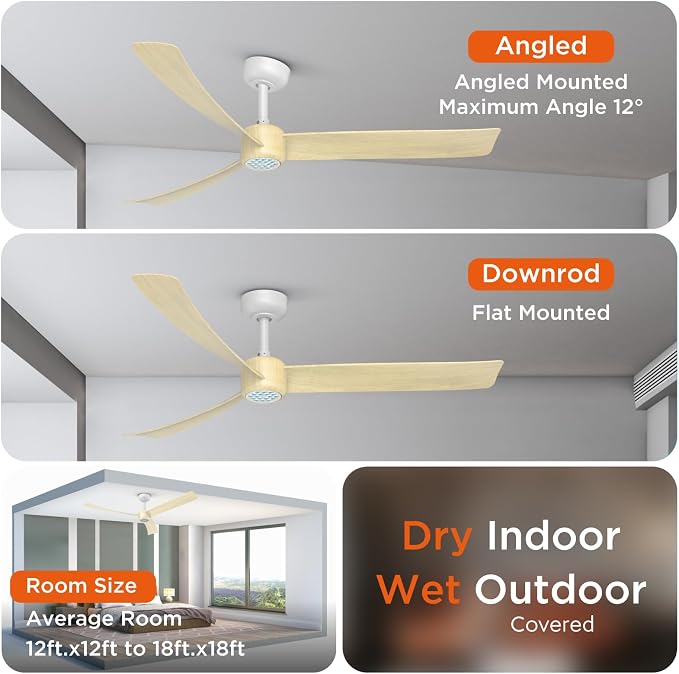 TALOYA 52 Inch Ceiling Fans with Lights Led Remote Control Flush Mount Low Profile for Living Room Bedroom Outdoor Patio,DC Motor,Reversible,Dimmable,Buzzer ON/Off,3 Blades,Oak