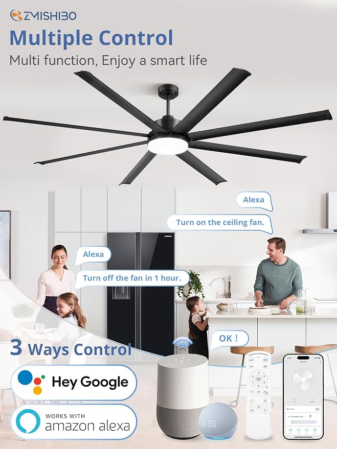 ZMISHIBO 84 Inch Ceiling Fan with Light, Smart Fan Light Compatible with Alexa, 3000-6000K Dimmable, 6 Speeds, Large Industrial Ceiling Fans with 8 Black Aluminum Blades for Patio Living Room