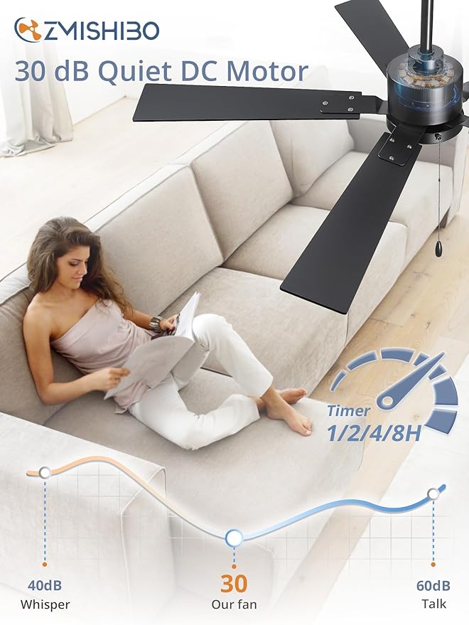 ZMISHIBO 52 Inch Ceiling Fan No Light with Pull Chain, Modern Ceiling Fan without Lights, 6-Speeds, Quiet DC Motor, Remote Control, Black Ceiling Fan for Bedroom, Living Room, Indoor/Outdoor Use