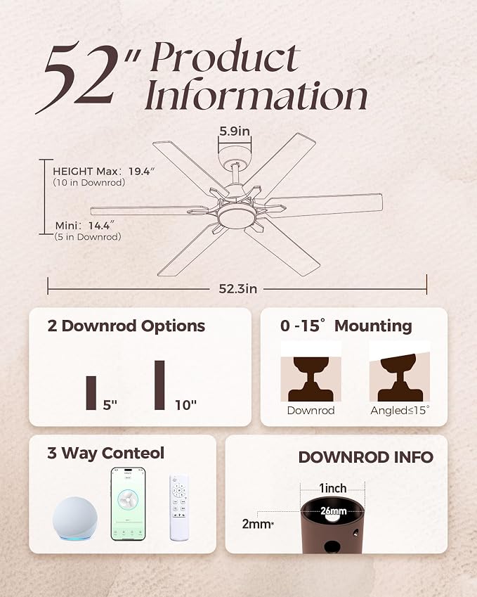 52 Inch Smart Ceiling Fan with Alexa APP,Oil Rubbed Bronze Indoor Ceiling Fan with Light,6 Speed,3CCT,Dual Finish 6 Blades,Quiet DC Motor Outdoor Fan for Patio or Bedroom