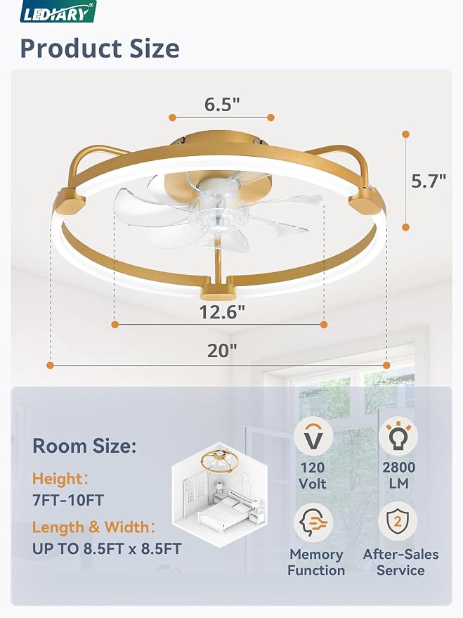 LEDIARY Ceiling Fans with Lights and Remote, 20'' Low Profile Ceiling Fan with Light, 3000-6000K Dimmable Fandelier LED Fan Light, 6 Wind Speeds, Gold Modern Flush Mount Ceiling Fan for Bedroom