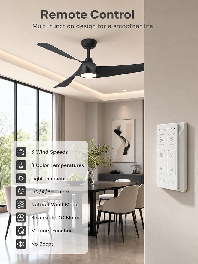 TALOYA 52 inch Modern Ceiling fan with Light, 3 Blades Ceiling Fans with Lights and remote, 3000K-6500K, Dimmable, Quiet, Outdoor Ceiling fan For Living Room, Bedroom, Patio, Farmhouse, Black