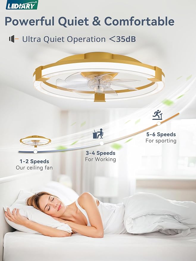 LEDIARY Ceiling Fans with Lights, 20 Inch Low Profile Ceiling Fan with Remote, 6 Speeds, Reversible, Dimmable Flush Mount Fan Light, Modern Fandelier Ceiling Fan with Lights for Bedroom, Gold