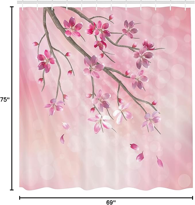 Ambesonne Nature Shower Curtain, Illustration of Spring Tree Branch with Blossoms Sun Beams on Blurred Background, Cloth Fabric Bathroom Decor Set with Hooks, 69" W x 75" L, Pink Fuchsia