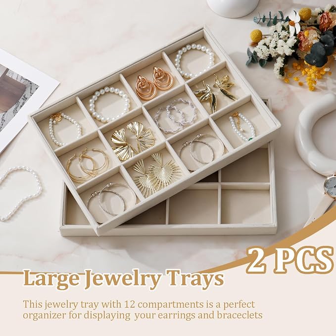 Large Velvet Jewelry Tray Display Drawer Inserts 2 Pack | Stackable Jewelry Organizer for Earring Bracelet Necklace Ring (Beige, 12 Grids)