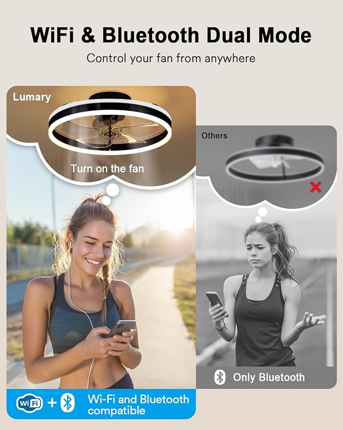 Lumary Smart WiFi Ceiling Fans with Lights, RGBAI Flush Mount Ceiling Fans with Lights and Remote, Dual Lighting Mode Modern LED Low Profile Ceiling Fan for Bedroom Works with Alexa Google, 20in Black