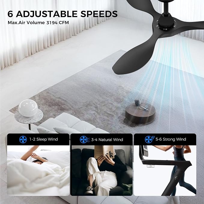 Roomratv Ceiling Fans with Lights and Remote Control,Quiet Noiseless Reversible DC Motor,6 Speeds,Timers, 3 CCT, Indoor Use, Plastic Blades,42 Inch Black Modern Ceiling Fan for Bedroom Living Room