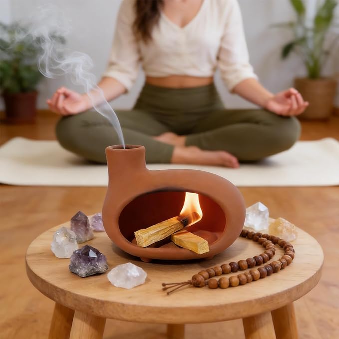 MOUGIGI Handmade Terracotta Orange-red Palo Santo Holder - Mini Chiminea Incense Burner Chimney for Palo Santo Sticks, Sage & Cones - Smudge Bowl for Energy Cleansing,Meditation & Aromatherapy Gifts