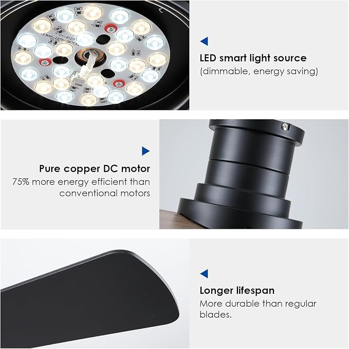 Hounberi 46 Inch Flush Mount Ceiling Fan with Lights and Remote, Modern Quiet DC Motor Low Profile Ceiling Fan for Low Ceilings, 5 Reversible Blades, 6 Speeds Dimmable, Indoor Outdoor Bedroom, Black