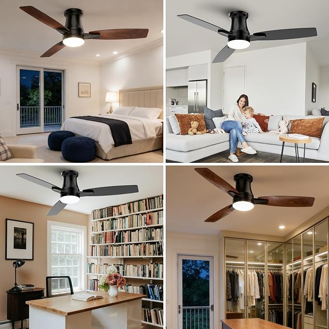 46 Inch Flush Mount Ceiling Fan with Light, Silent Motor, Dimmable LED 3 CCT, 6 Speed, Reversible DC Motor, Remote & APP Control, Black Modern for Bedroom & Elderly