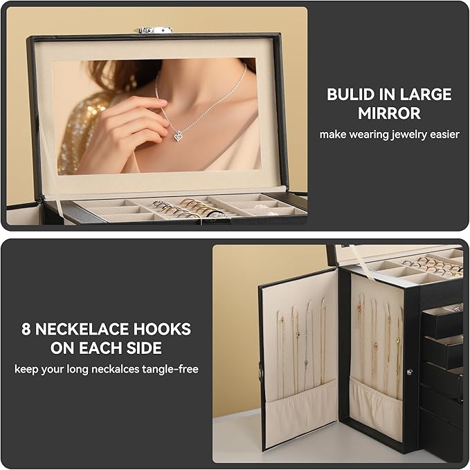 Frebeauty 6-Layer Jewelry Box for Women,Large Jewelry Organizer with Drawer | Faux Leather,Built-in Mirror,Spacious Jewelry Storage,16 Necklace Hooks,Organizing by Category for Rings Earrings Bracelet