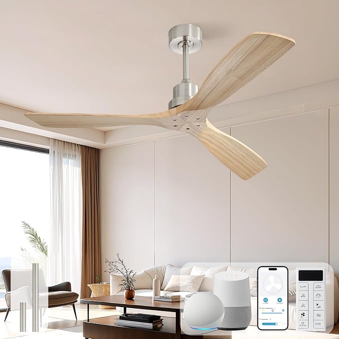 Sofucor Smart Ceiling Fan no Lights, 52" Low Profile Wood Ceiling Fans with Remote, Compatible with Alexa/Google/App, for Bedroom Living Room Patio Outdoor