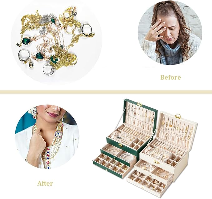 GUOER Jewelry Box for Women Girls, 3 Layers Large Jewelry Organizer (Green) | Vintage Quilting Stitching PU Leather, Earrings Bracelets Rings Necklace Watches Storage Large Jewellery Holder Case Gifts