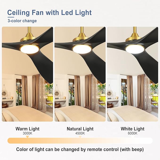 60 Ceiling Fan with Light: Black and Gold Ceiling Fans Reversible 3 Blades 5 Speeds - Modern Ceiling Fan with Remote for Indoor Living Room Bedroom