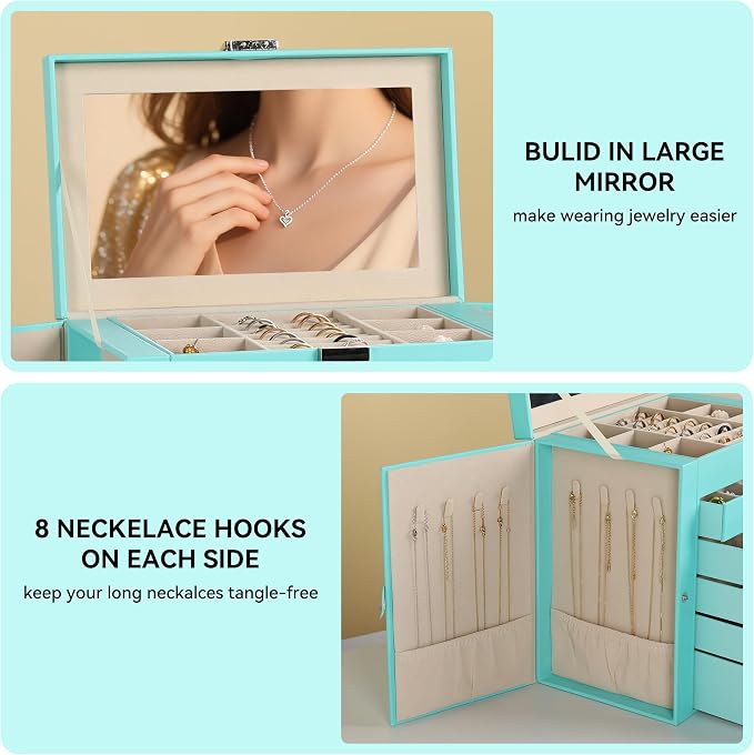 Frebeauty 6-Layer Jewelry Box for Women,Large Jewelry Organizer with Drawer | Faux Leather,Built-in Mirror,Spacious Jewelry Storage,16 Necklace Hooks,Organizing by Category for Rings Earrings Bracelet