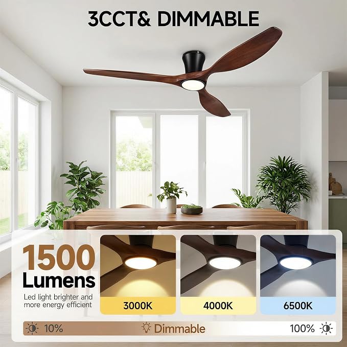 Skylike 52" Wood Ceiling Fan with Lights, Flush Mount Low Profile Ceiling Fan with Remote Control, Dimmable LED, Quiet Ceiling Fan Indoor/Outdoor for Living Room Bedroom Patio-Dark Walnut Finish
