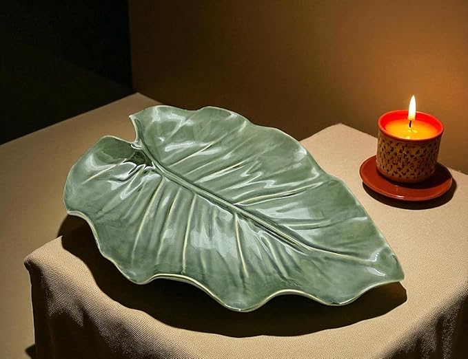 9½" Green Philodendron Leaf Shaped Tray - Handmade Ceramic Porcelain Decorative Plate Dish Catchall Miniature Container for Jewelry Personal Items Incense Holders Trays Décor Gifts