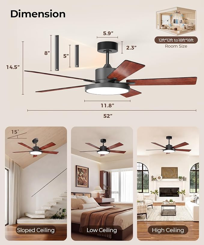 Ceiling Fan with Light, RGBCW Smart 52" Low Profile Ceiling Fan with Light and Remote, Alexa/Google/App Control, Reversible DC Motor, Dimmable, 2500lm, Quiet Fan for Bedroom,Living Room Brown