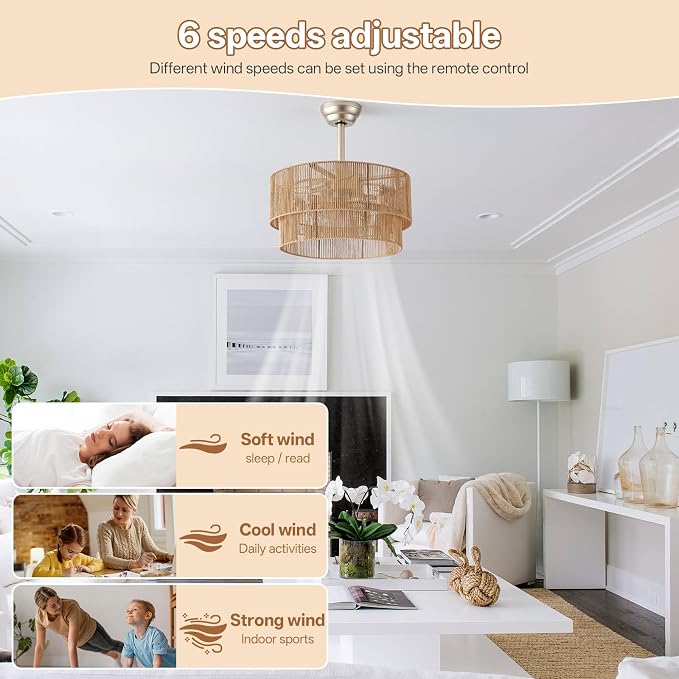 20" Caged Boho Ceiling Fans with Lights, Rattan Fandelier Chandelier Ceiling Fan with Light Remote Control with 6 Speeds for Bedroom, Nursery