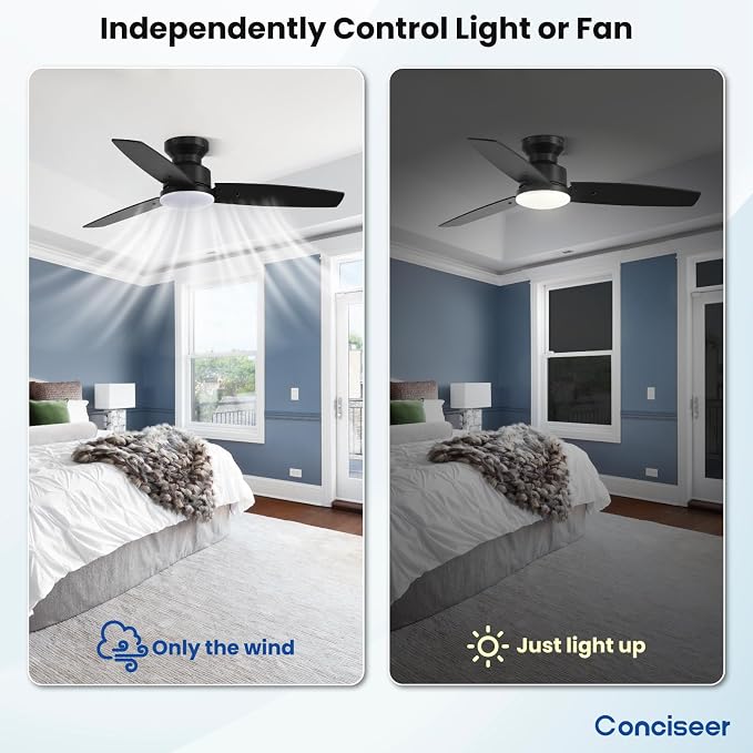 Conciseer 42 Inch Ceiling Fans with Lights and Remote, Bedroom Living Room Office, Flush Mount, 6CCT Dimmable, Dual Color 3 Blades, 6 Speed Reversible Quiet DC Motor, Black/Wood Grain, 2 Pack