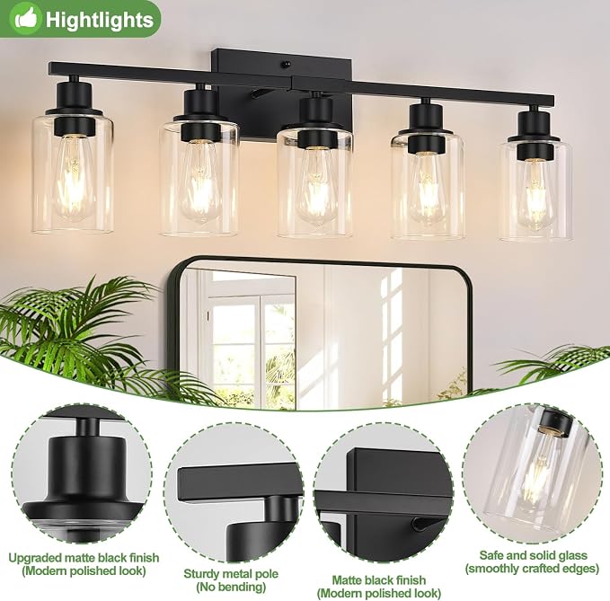Indoi 5-Light Bathroom Light Fixtures, Matte Black Modern Vanity Lights with Clear Glass Shades, Bathroom Wall Lamp for Mirror Living Room Cabinet Bedroom Porch
