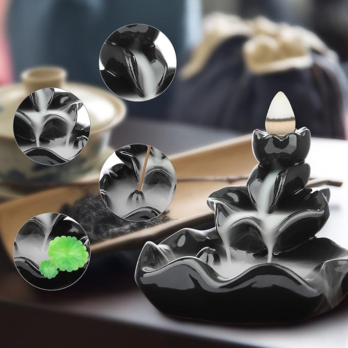 DK177 Incense Holder Waterfall Incense Burner Ceramic Backflow Zen Incense Fountain Machine Diffuser Burner Cone Holder for Spiritual Aromatherapy Gifts Set Home Decor with 20 Cones