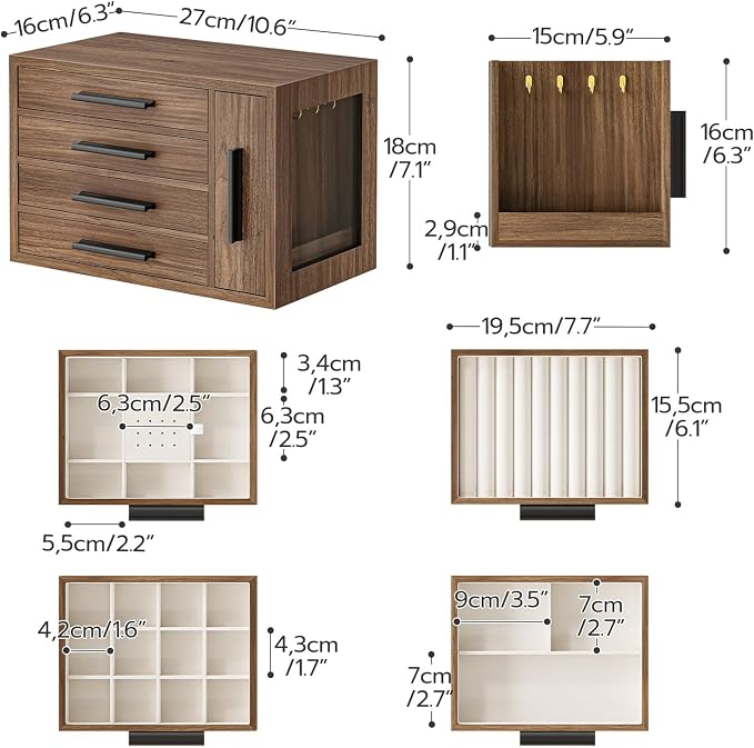 HOOBRO Jewelry Box for Women, Wooden Jewelry Organizer with Transparent Window, 4-Layer Jewelry Organizer Box, Jewelry Holder Organizer for Earrings, Necklaces, Rings, Walnut and Black BH09JB04