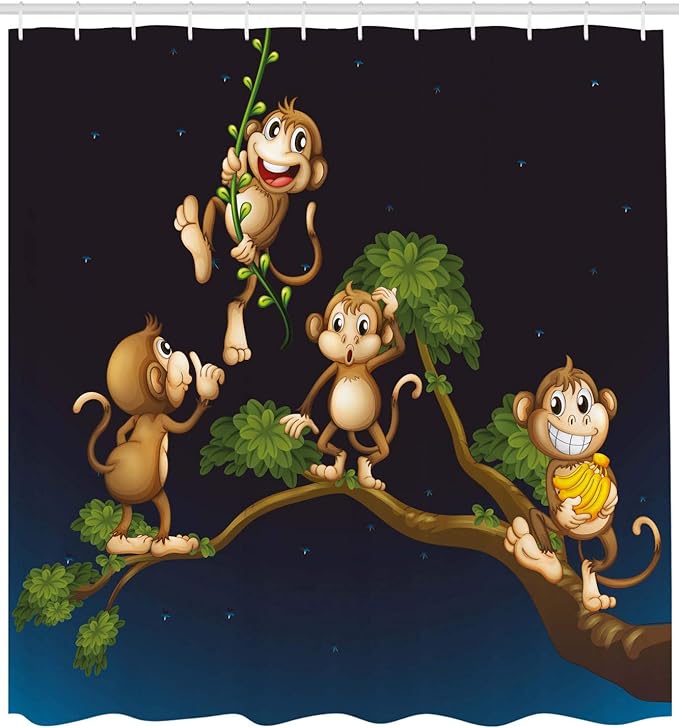 Ambesonne Nature Shower Curtain, Animal Theme Illustration of 4 Monkeys on The Tree Branch Art, Cloth Fabric Bathroom Decor Set with Hooks, 69" W x 75" L, Blue Caramel