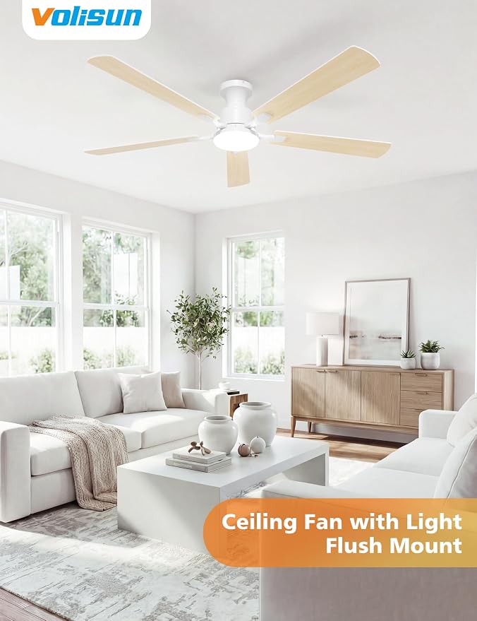 VOLISUN 60 Inch Ceiling Fan with Lights Flush Mount, Low Profile Ceiling Fans with Lights, Remote&APP Control,Dimmable 22W LED Light,Queit&Reversible Fan, White Ceilings Fans for Bedroom, Living Room