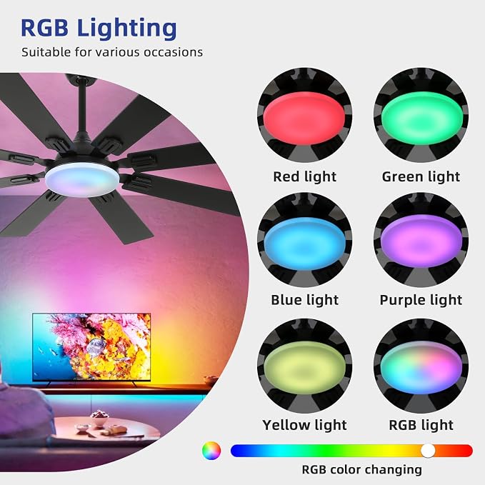 52" Ceiling Fans with Lights and Remote, Black Modern Ceiling Fan with 8 Dual Finish Blades,Quiet Reversible Motor，Farmhouse Ceiling Fan with RGB Lights for Bedroom,Living Room,Patios