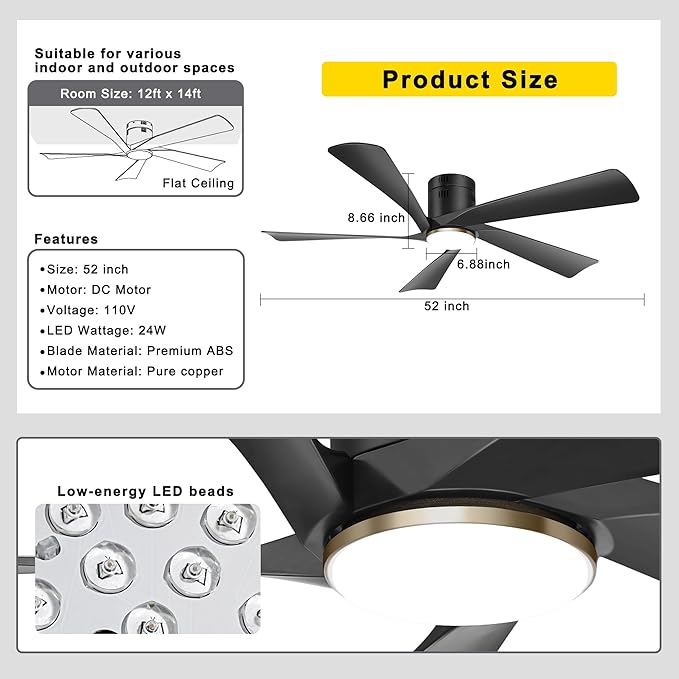 Ohniyou 52” Low Profile Modern Black Ceiling Fan with Lights | Remote/APP Control, Flush Mount, 3CCT Dimmable LED, Quiet DC Motor, Reversible, Indoor & Covered Outdoor Overhead Fans
