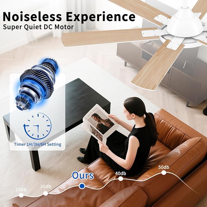 52 Inch Ceiling Fans with Lights, 6 Wooden Blades, White | Remote Control, Reversible Quiet DC Motor, 6-Speed, 3CCT Dimmable LED, Timer for Living Room, Bedroom, Office