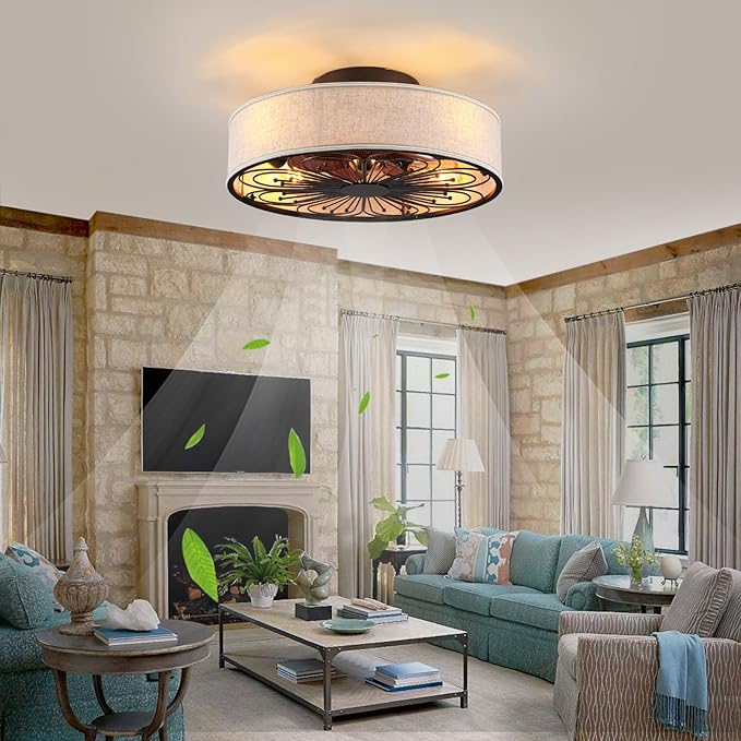 Caged Ceiling Fans with Lights Flush Mount,Low Profile Ceiling Fan with Remote,20 Inch Farmhouse White Ceiling Fan for Bedroom,6 Speeds Reversible Silent Fandalier(Include 4 Bulb)