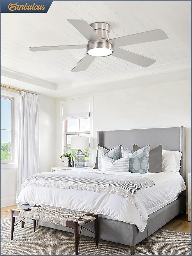 Fanbulous 42 Inch Ceiling Fans with Lights and Remote,Indoor Modern Flush Mount Ceiling Fan with 3CCT 6-Speed Quiet DC Motor,Black Small Low Profile Ceiling Fan for Bedroom Living Room Office(Nickel)