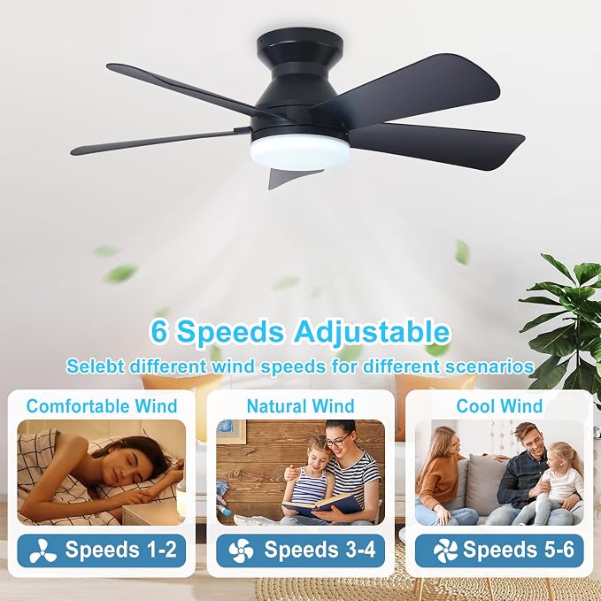 Depuley Modern Ceiling Fan with Light: 35-Inch Black Small Fans for Bedroom Indoor Outdoor - Dimmable Low Profile Ceiling Fans with Remote Control Flush Mount 5 Reversible Black Blades 6 Speeds Timer