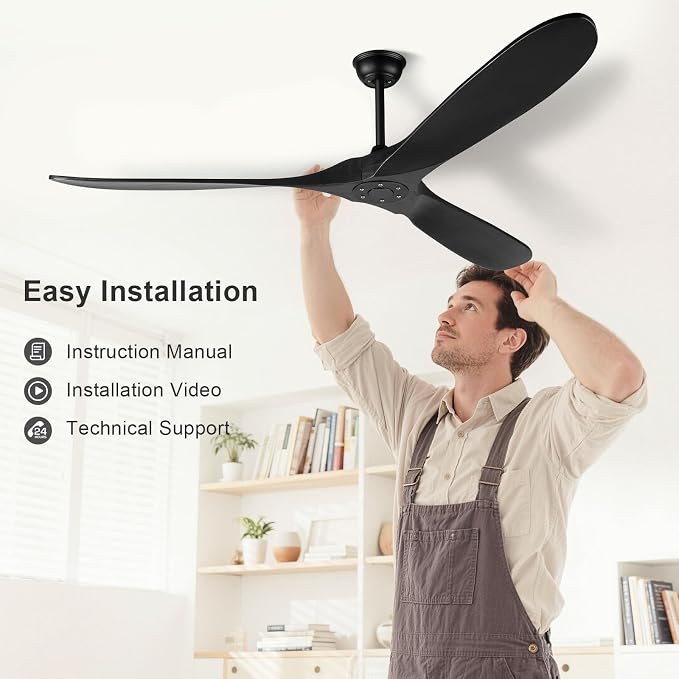 heimo 60 Inch Black Ceiling Fan No Light，Indoor Outdoor 3 Blade Wood Ceiling Fans Without Lights for Patios Bedroom Living Room Farmhouse Big Outside Fan for Sloped Angled Ceiling