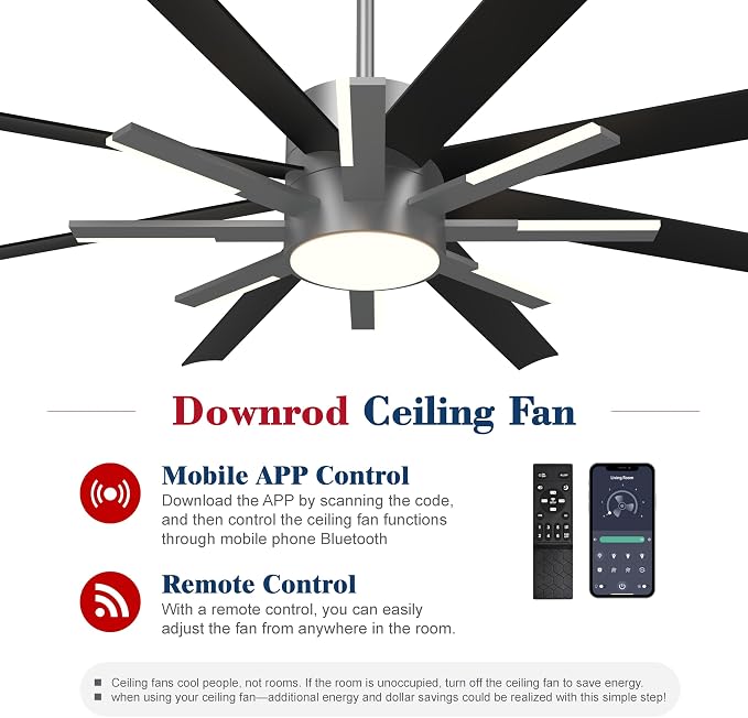 72 inch Black Ceiling Fans with Lights and Remote, Modern Large Ceiling Fan for Living Room Bedroom Patio，6 Speed Reversible，8 Blades and 9 Lights，3 CCT，Black Gray