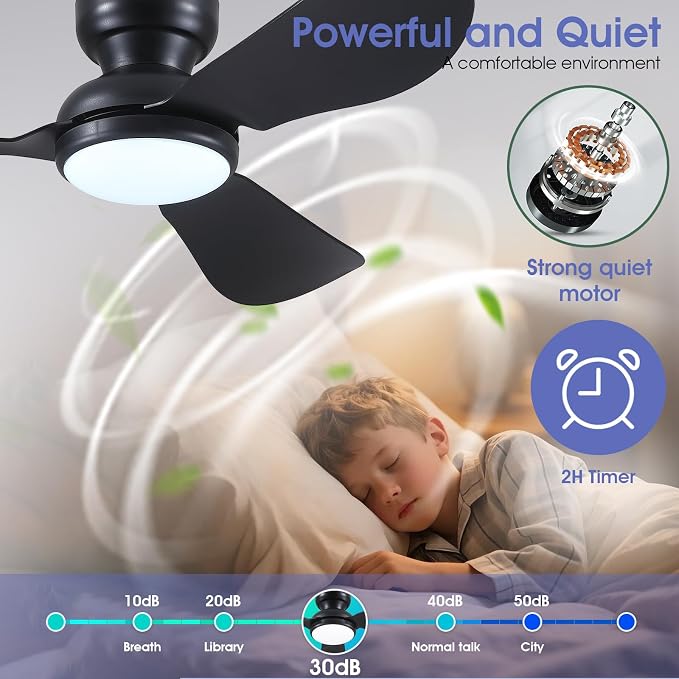 Kviflon 46 Inch Modern Ceiling Fans with Lights, Small Flush Mount Ceiling Fan with Light and Remote/APP Control, 3 Reversible Curved Blades, 6 Speeds, 3 CCT Dimmable Lights for Bedroom, Black