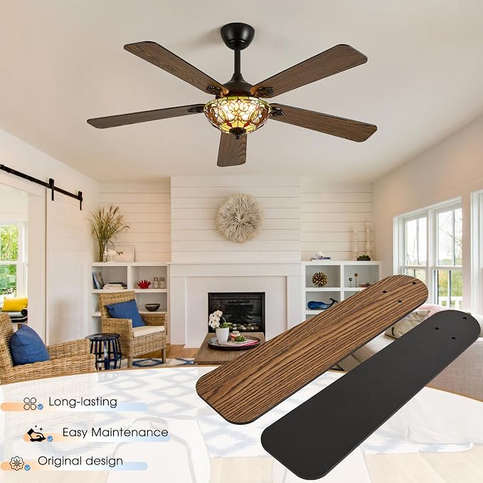52" Tiffany Style Ceiling Fans with Lights, Vintage Chandelier Ceiling Fan with Stained Glass Shade, Dimmable LED, 6 Speeds Reversible for Bedroom (Art Nouveau)