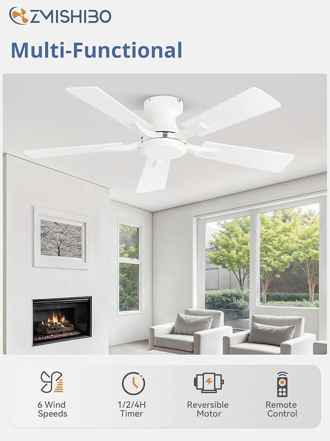 ZMISHIBO 42 Inch Ceiling Fan No Light, Flush Mount Low Profile, Modern White Ceiling Fan Without Light, Remote Control & Quiet DC Motor, for Indoor&Outdoor, Bedroom, Living Room