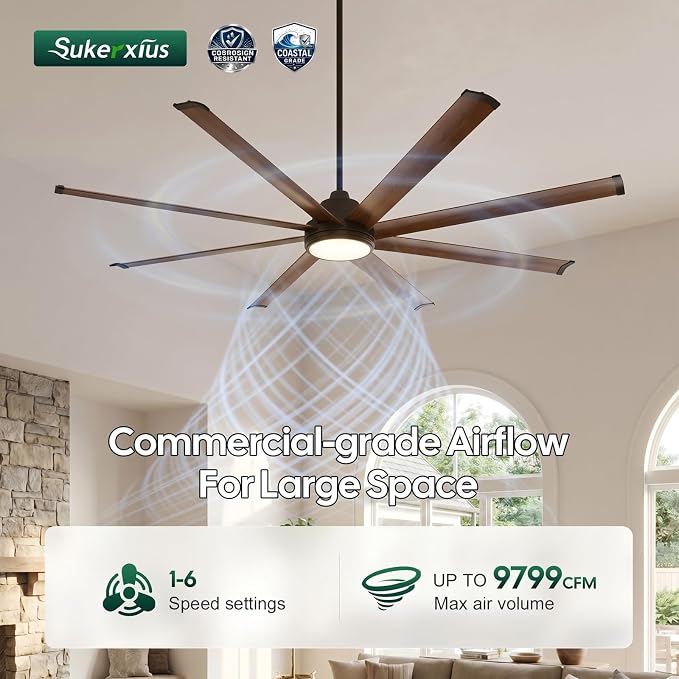 72" Outdoor Ceiling Fan with Light, Smart Alexa/App/Remote Control, 8 Walnut Finish Anti-Rust Aluminum Blades, 9799 CFM High Airflow, Quiet Reversible DC Motor, Modern Farmhouse Fan for Patios Garage