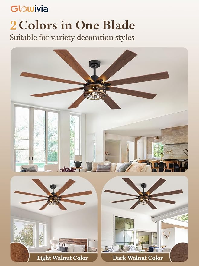 72 Inch Ceiling Fans with Lights, Farmhouse Ceiling Fan with Lights and Remote, Dual Finish 8 Blades Black Caged Rustic Ceiling Fans with 6 Speed Reversible Motor for Indoor/Covered Outdoor